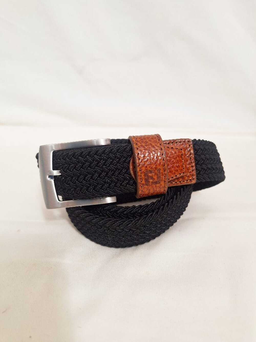 FJ Foot Joy Golf Woven Stretch Belt L/X Black Tan Pebbled Leather tips
